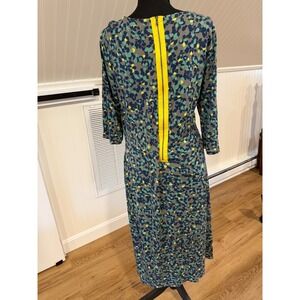 Boden Jersey Dress Abstract Grey, Teal, Yellow Exposed Zip Midi Dress Size 12L